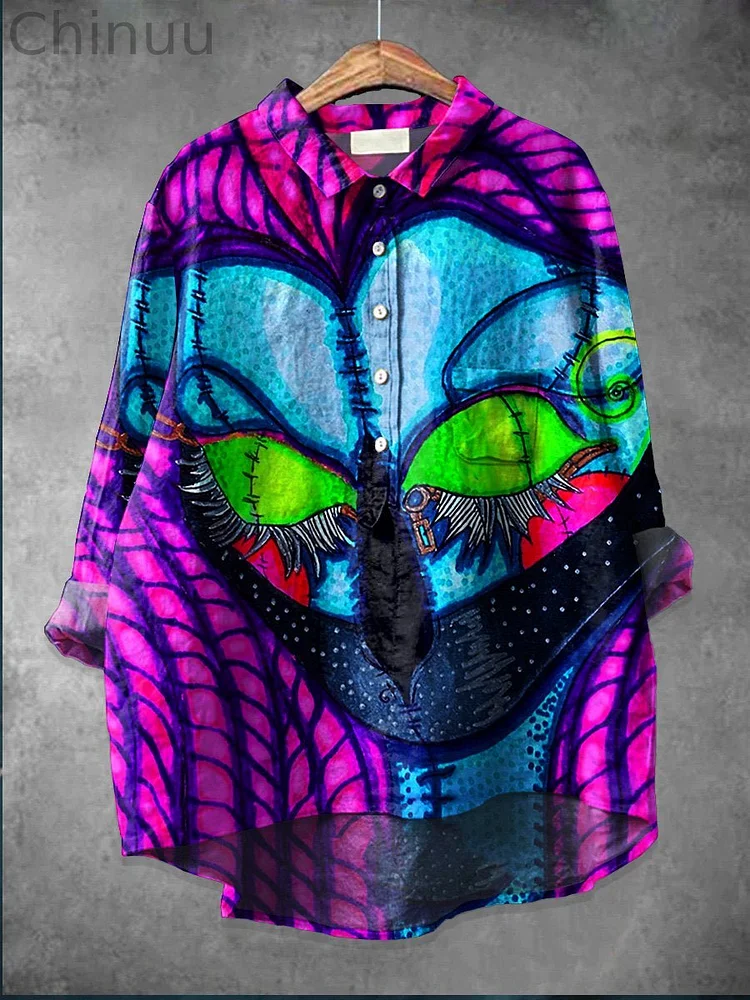 Women's  Halloween Art  Print Casual Cotton And Linen Shirt