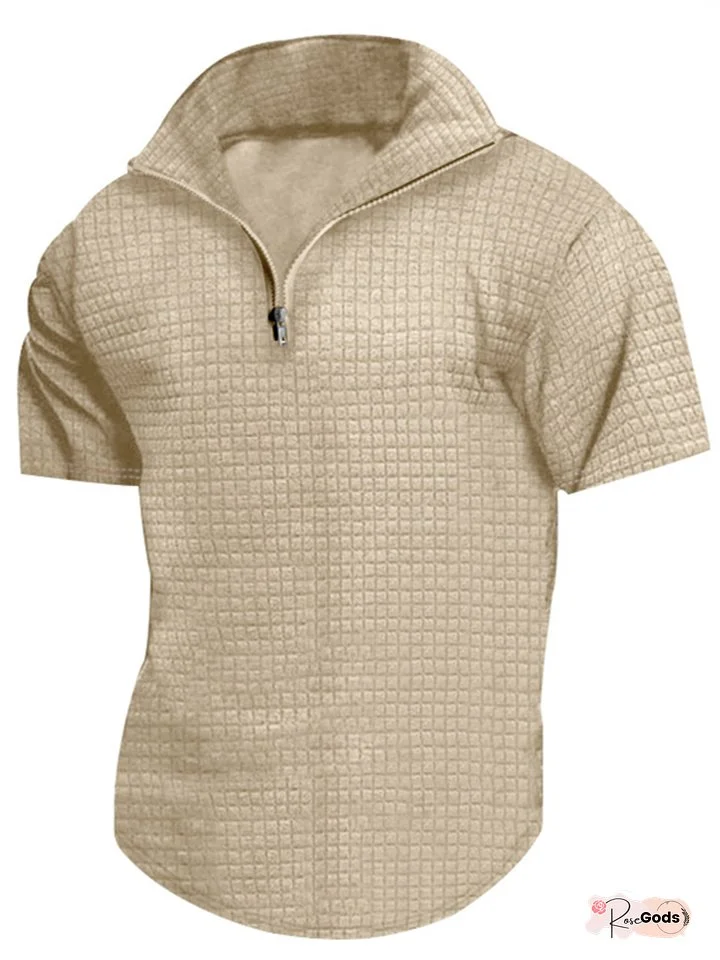 Men's Stand-up Collar Polo Shirt Men's Short-sleeved Solid Colour Square Zip T-shirt Summer Casual Tops