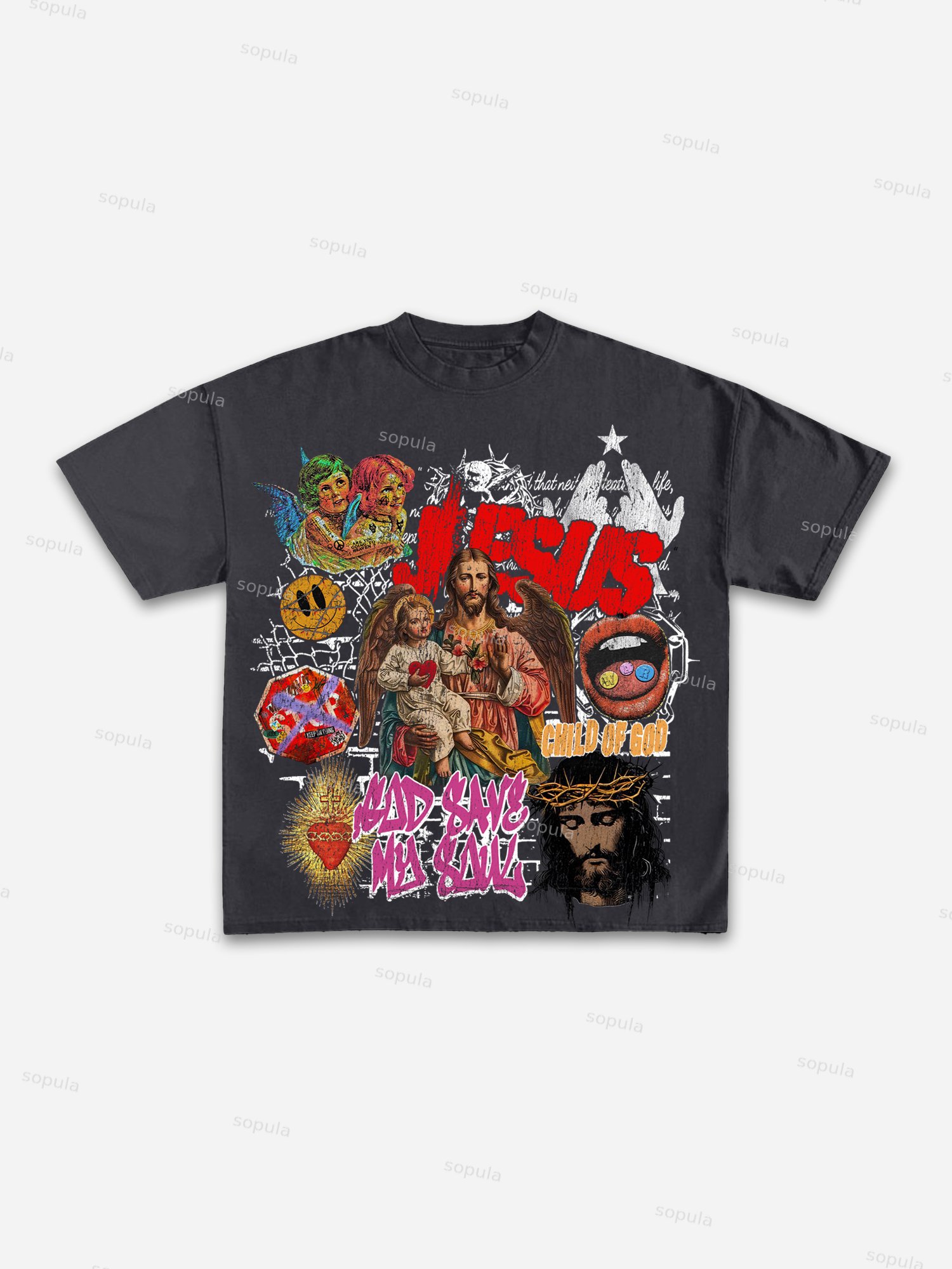 Jesus Graffiti Portrait Print Cotton T-shirt