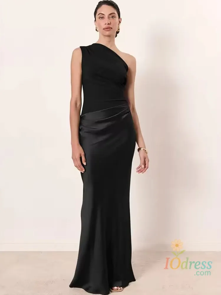 IO Dress JULISSA MO Patchwork Satin Sexy One Shoulder Women Maxi Dress Brown Sleeveless Evening Dress Summer Slim Elegant Party Clubwear