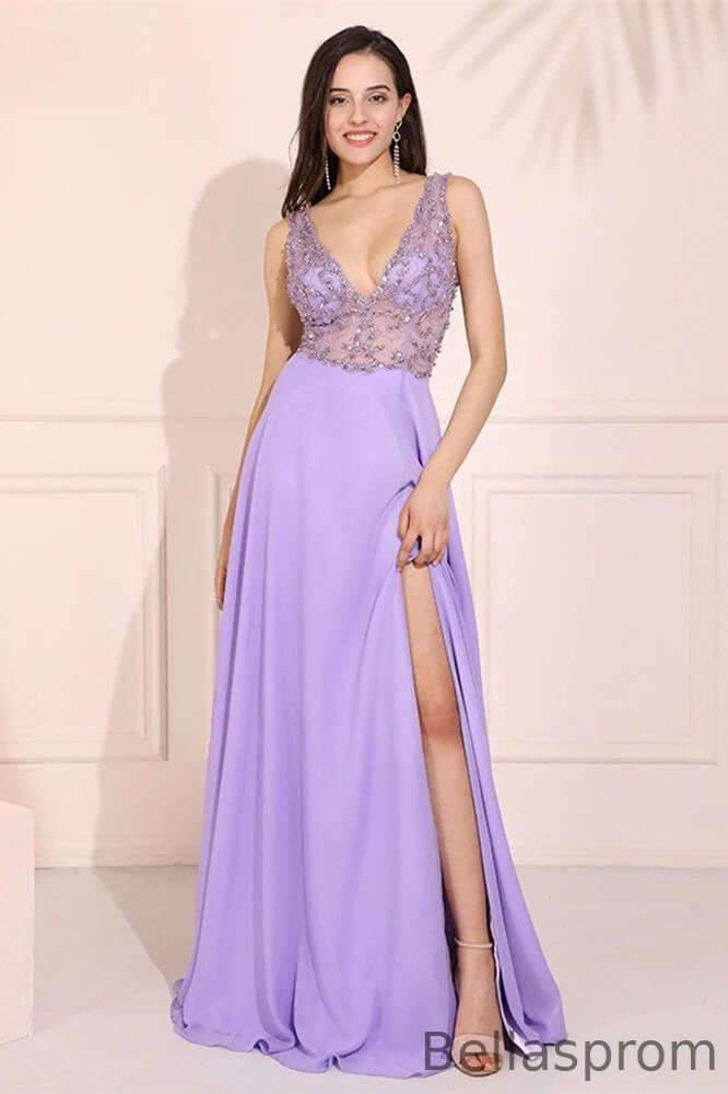 Bellasprom Lilac V-Neck Sleeveless Long Prom Dress Split With Beadings Bellasprom