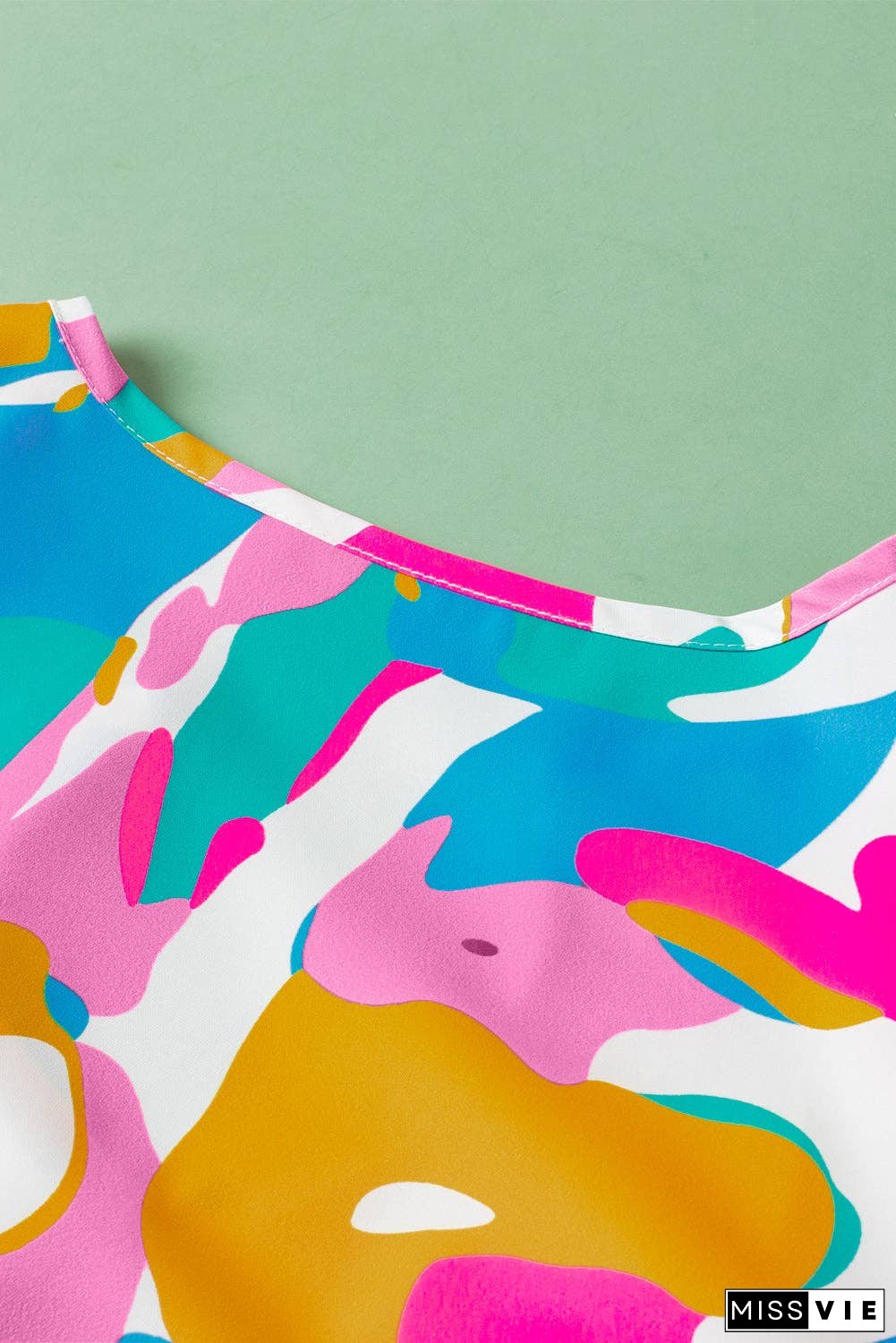 Multicolour Abstract Print Notched Neck Flutter Sleeve Blouse