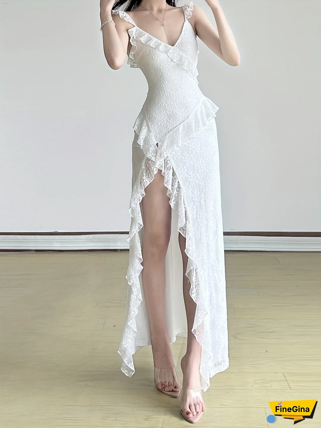 Elegant White Lace Ruffle Trim High-Slit Long Dress - V-Neck A-Line Midi with Shoulder Detailing, Perfect for Vacation, Layering or Party Wea