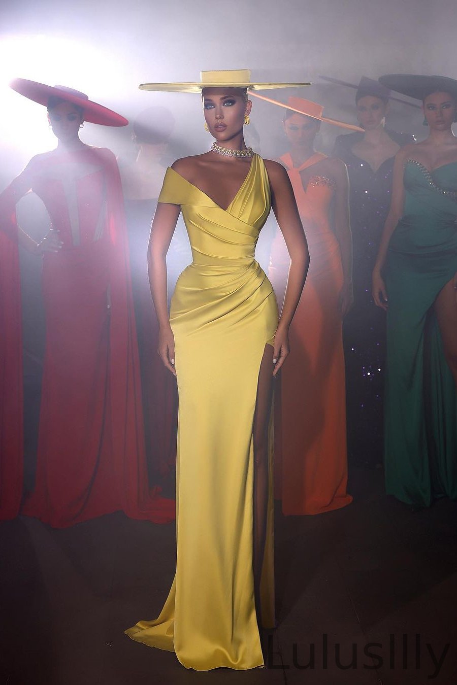 New Arrival V-Neck Yellow Mermaid Evening Gown Long Split With Pleats - lulusllly