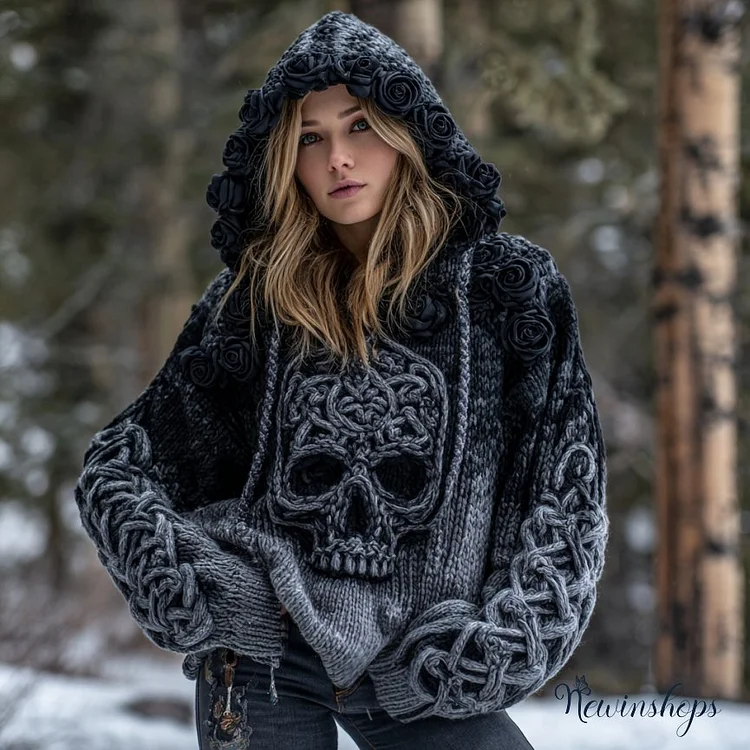 Women's Vintage Viking Tribal Celtic Skull Gradient Art Knit Hooded Sweater