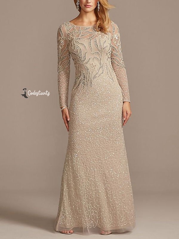 Beaded Scoopneck Illusion Long Sleeve Sheath Dress