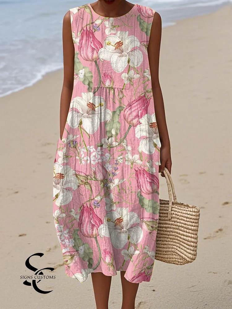 Women's Vintage Floral  Art Print Sleeveless Cotton Pocket Wrap Dress