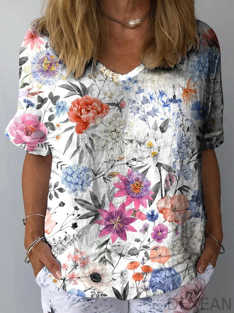 Women's Vintage Floral Art Print Casual Cotton And Linen Shirt