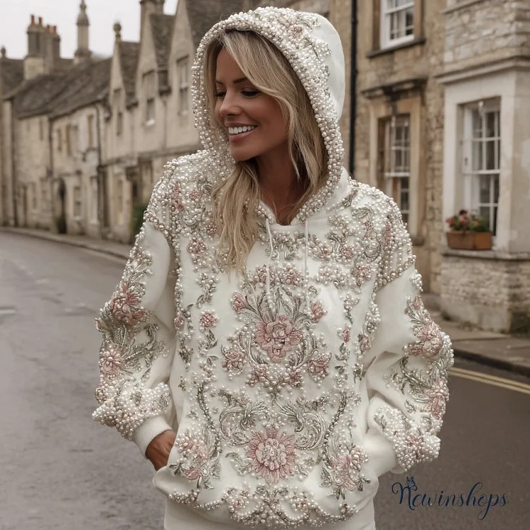 Women's Vintage Pink Flower Embroidery Art Casual Hoodie