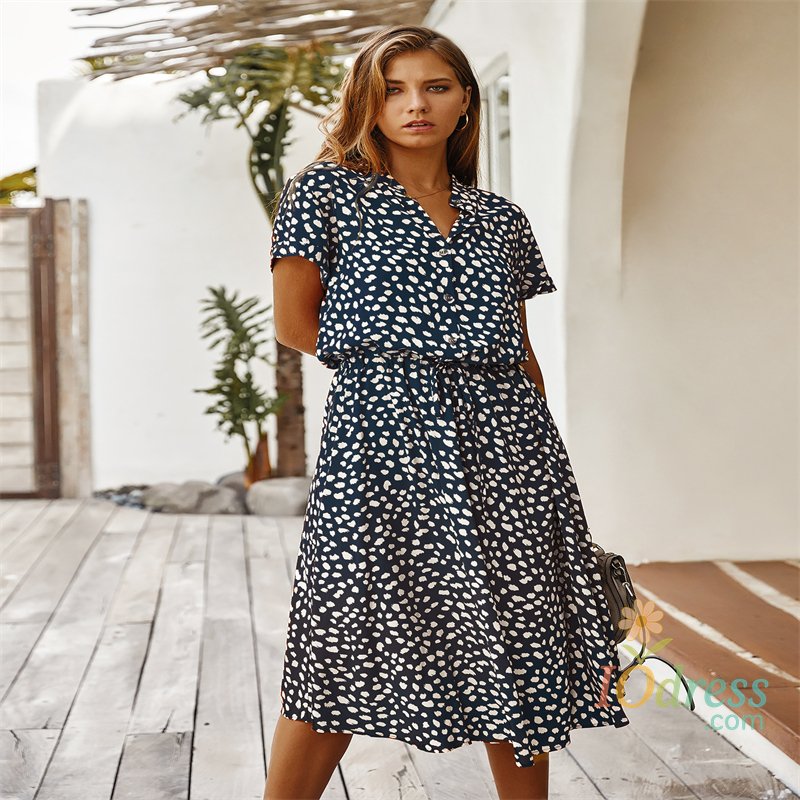 IO Dress Polka Dot Short Sleeved Dress shirt Collar  Dress European and American Fashion Dress