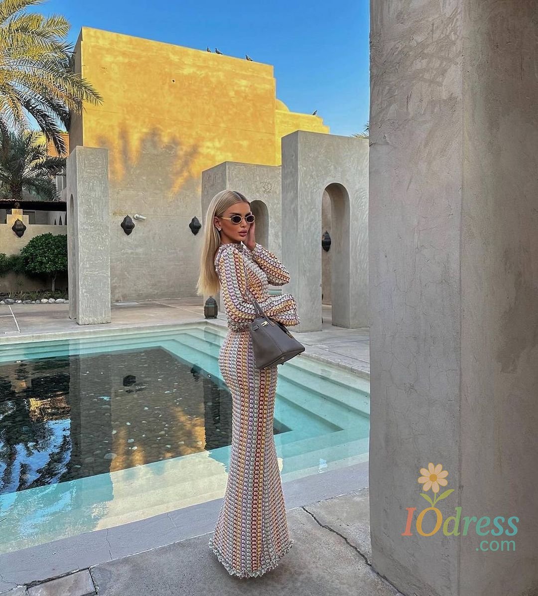 IO Dress DSMTRC Fashion Backless Vacation Party Robes Vestidos Women Chic Long Sleeve Green Contrast Elegant O-neck Bodycon Maxi Dresses