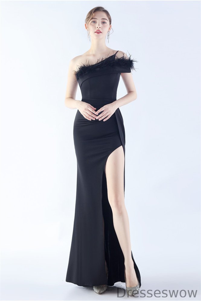Dresseswow One Shoulder Feather Mermaid Prom Dress Sleeveless With Split