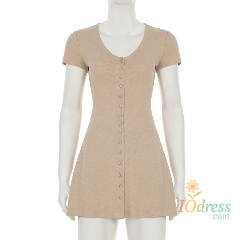 IO Dress TARUXY 2025 Summer New Knitted Mini Dress Female Elegant V Neck Buttons Short Sleeve Dress High Elasticity Casual Women's Dress
