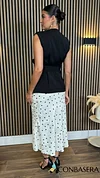 Olive Beige & Black Polka Dot Floral Detail Skirt