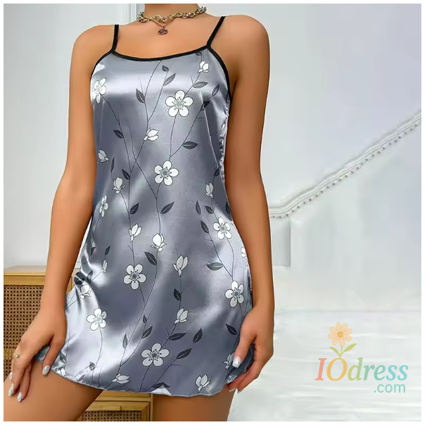 IO Dress Women Nightwear Home Clothes Sexy Black Floral Printing Nightdress Sleepwear Nightshirts Silk Sleepshirts Nightgowns For Woman