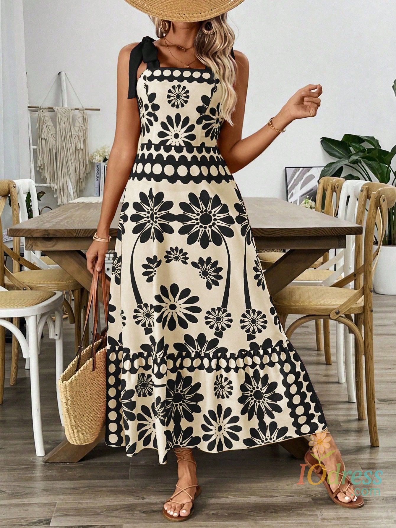 IO Dress Summer Dress Women's Fashion Printed Shoulder Straps Waist Long Holiday Casual Bohemia Beach Midi Women Dresses New Prom Vestido
