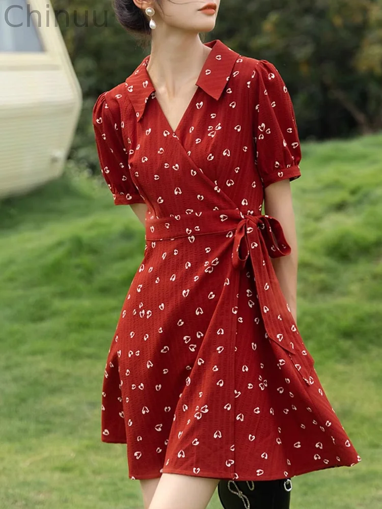 V-neck Waist A-hem Love Print Dress