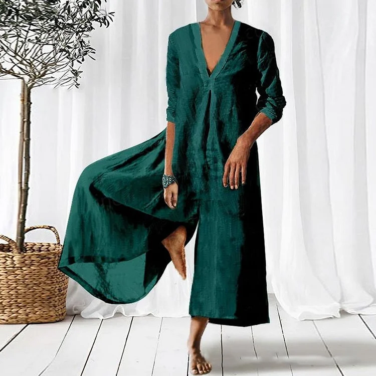 Casual Loose V Neck 3/4 Sleeves Linen Jumpsuit