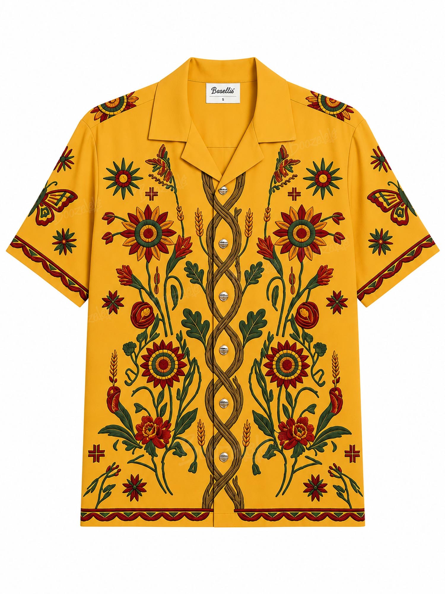 Perfect for an outdoor music festival, mustard yellow, 2026 SS unisex sunflower embroidered camp collar, premium breathable 100% cotton, button-up shirt