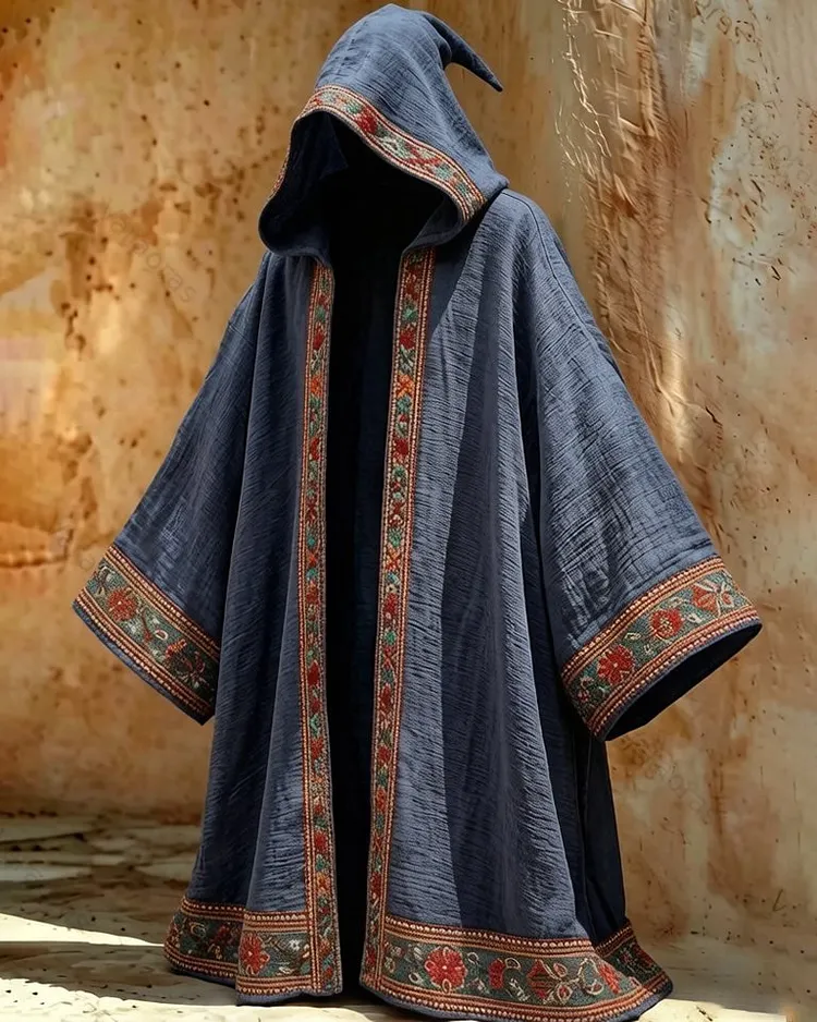 Men's Summer Fashion Boho-Style Embroidered Linen Hooded Cape 2076