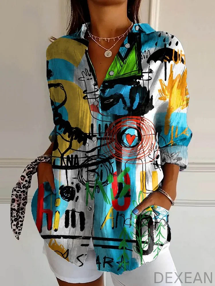 Women's Vintage Abstract Pattern Art Print Casual Cotton Shirt