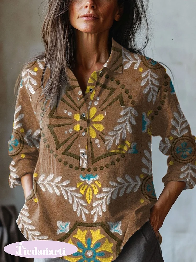 Women's   Floral  Art Print Casual Cotton And Linen Shirt