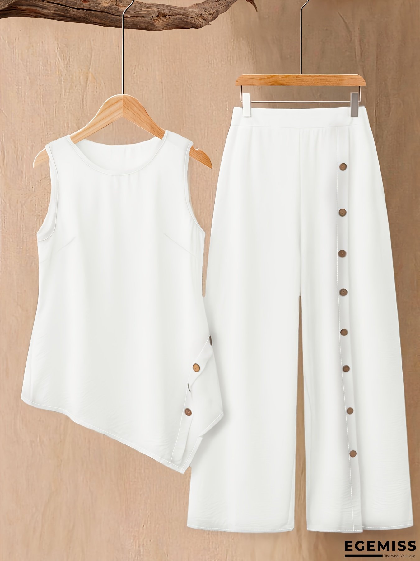 Women's Solid Color Asymmetrical Sleeveless Shirt & Wide-Leg Pants Set - Casual to Semi-Formal Outfit with Round Neck, Button Closure, Beige Trousers - Spring/Summer Breathable Pantsuit for Office, Semi-Formal & Casual Attire - Versatile Women's Clothing | EGEMISS