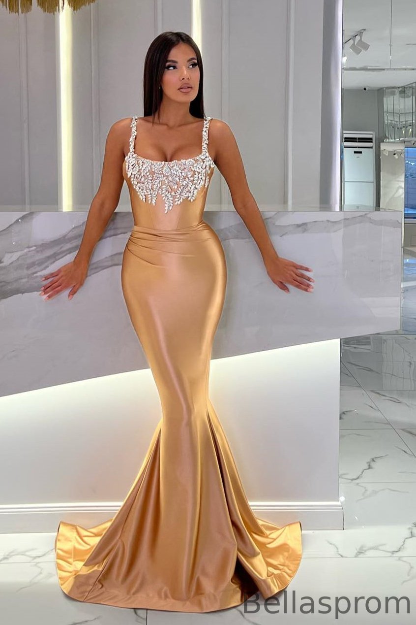 Bellasprom Gold Straps Evening Dress Sleeveless Mermaid Long With Crystal Bellasprom