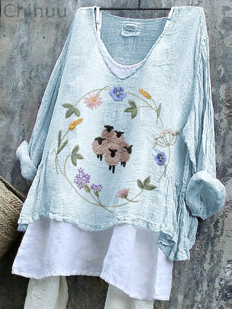 Sheep & Floral Embroidery Pattern Cozy Linen Shirt