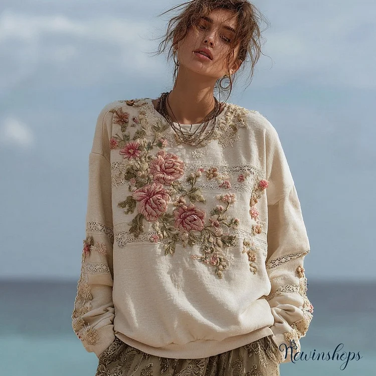 Women's Retro Bohemian Rose Floral Stitching Warm Sweatshirt