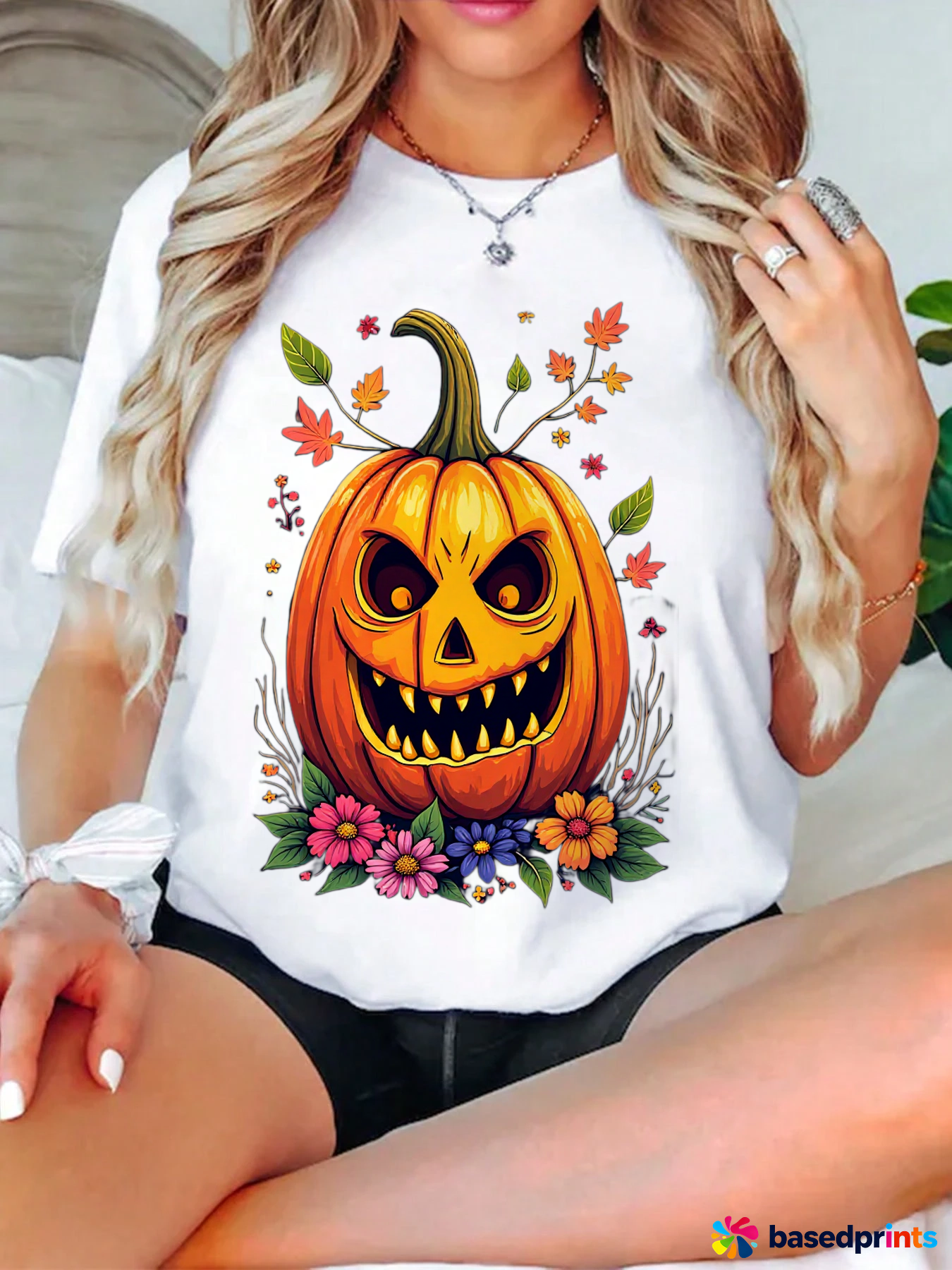 Halloween Pumpkin Graphic Tee Shirt Women Casual Short Sleeve T-Shirts
