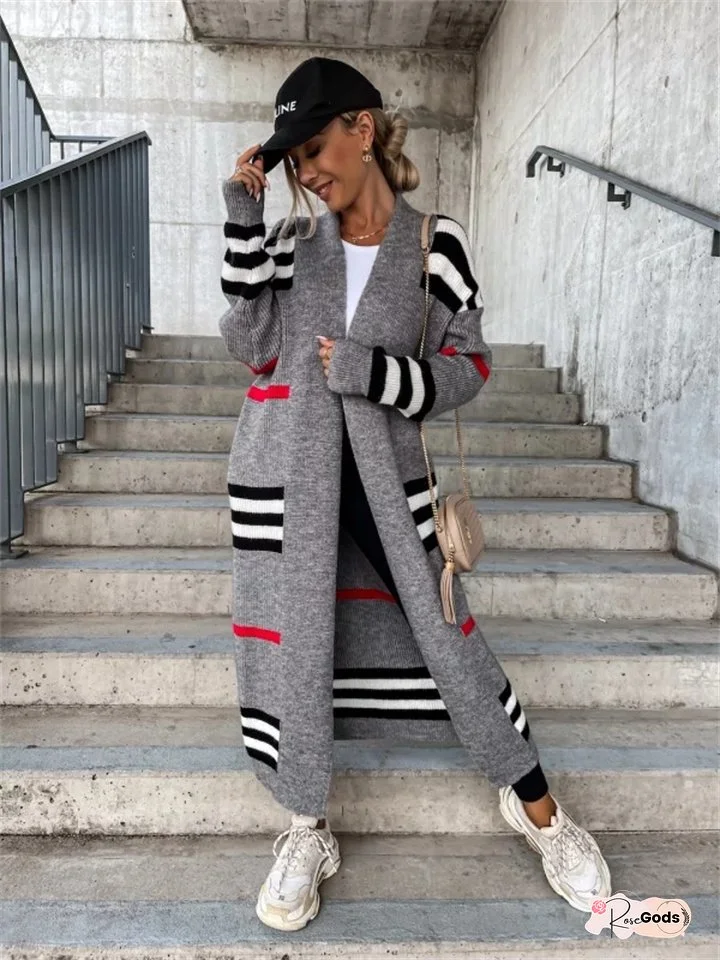 Ladies Long Cardigan Striped Knit Sweater