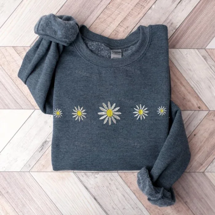 Eagerlys Embroidered Floral Daisy Sweatshirt Eagerlys