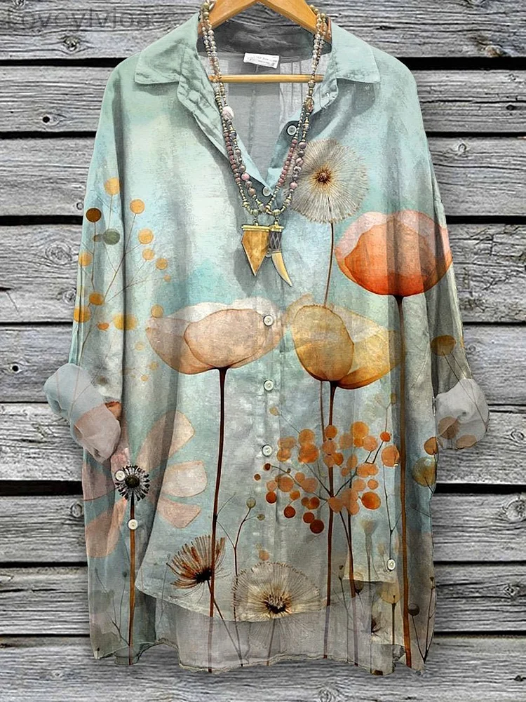 Spring Scenery In The Poppy Field Art Printed Women's Casual Cotton And Linen Shirt