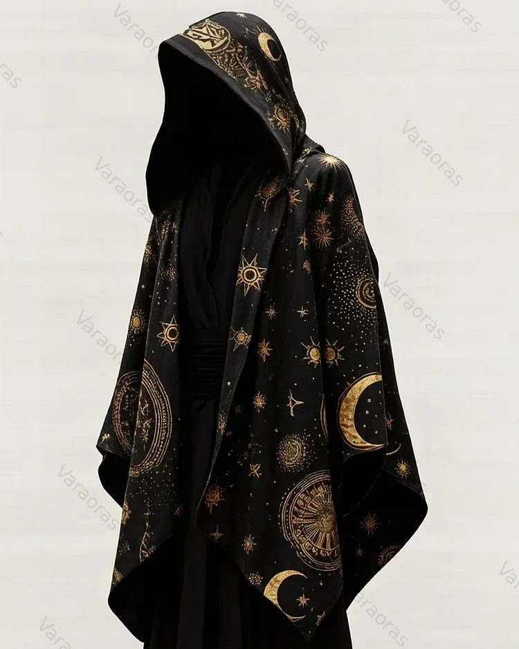 Men's Summer Fashion Hippie Style Star and Moon Embroidered Linen Cardigan Hooded Cape  9622