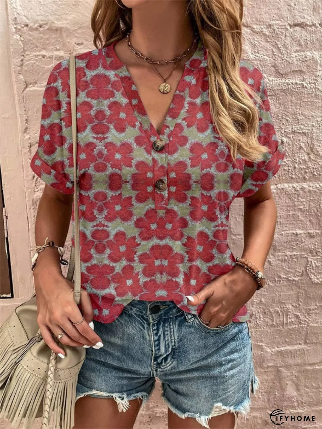 Full Size Printed Notched Short Sleeve Blouse | IFYHOME