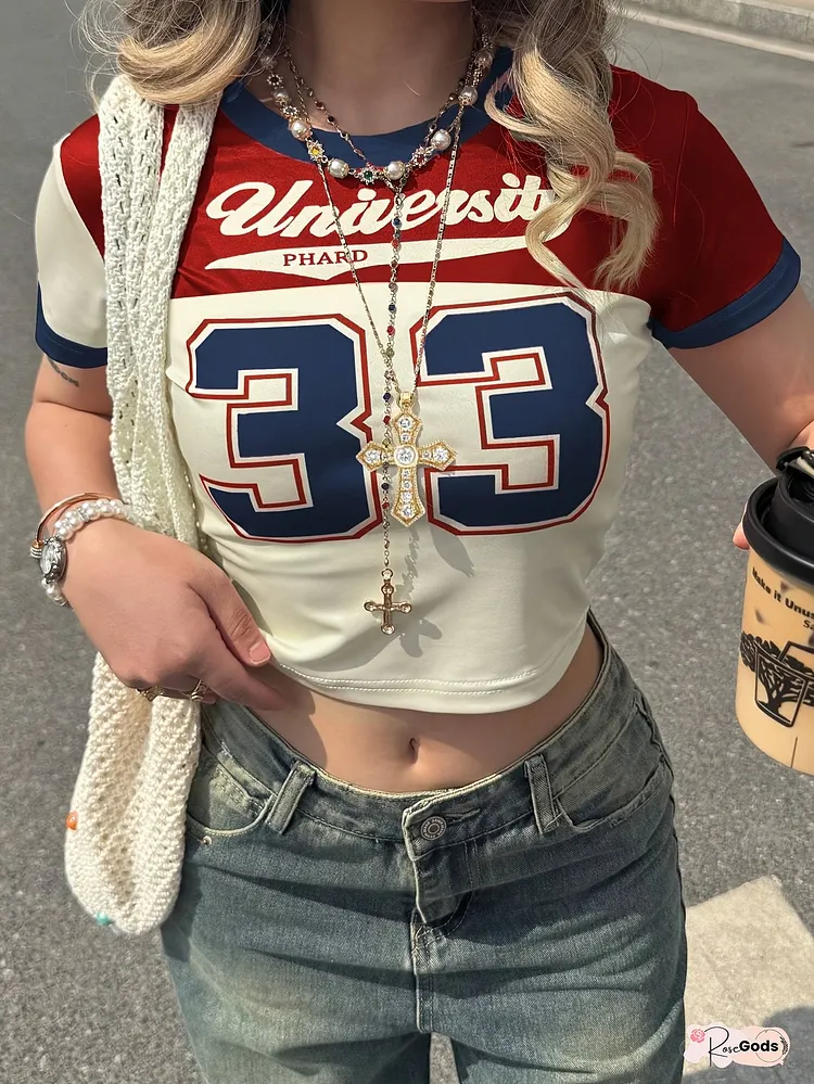 One-piece Women's T-shirt, retro college-style print with number 33, short-sleeve design, casual and fashionable for summer wear, perfect for street style, pairs effortlessly with jeans shorts, made of lightweight and soft fabric