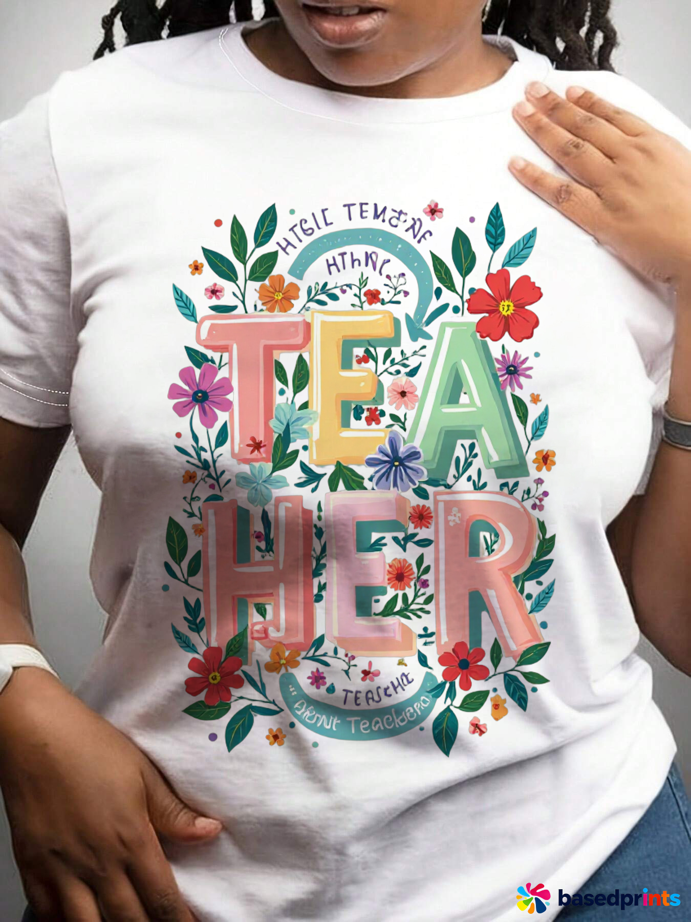 Colorful Teacher T-Shirt with Floral Design