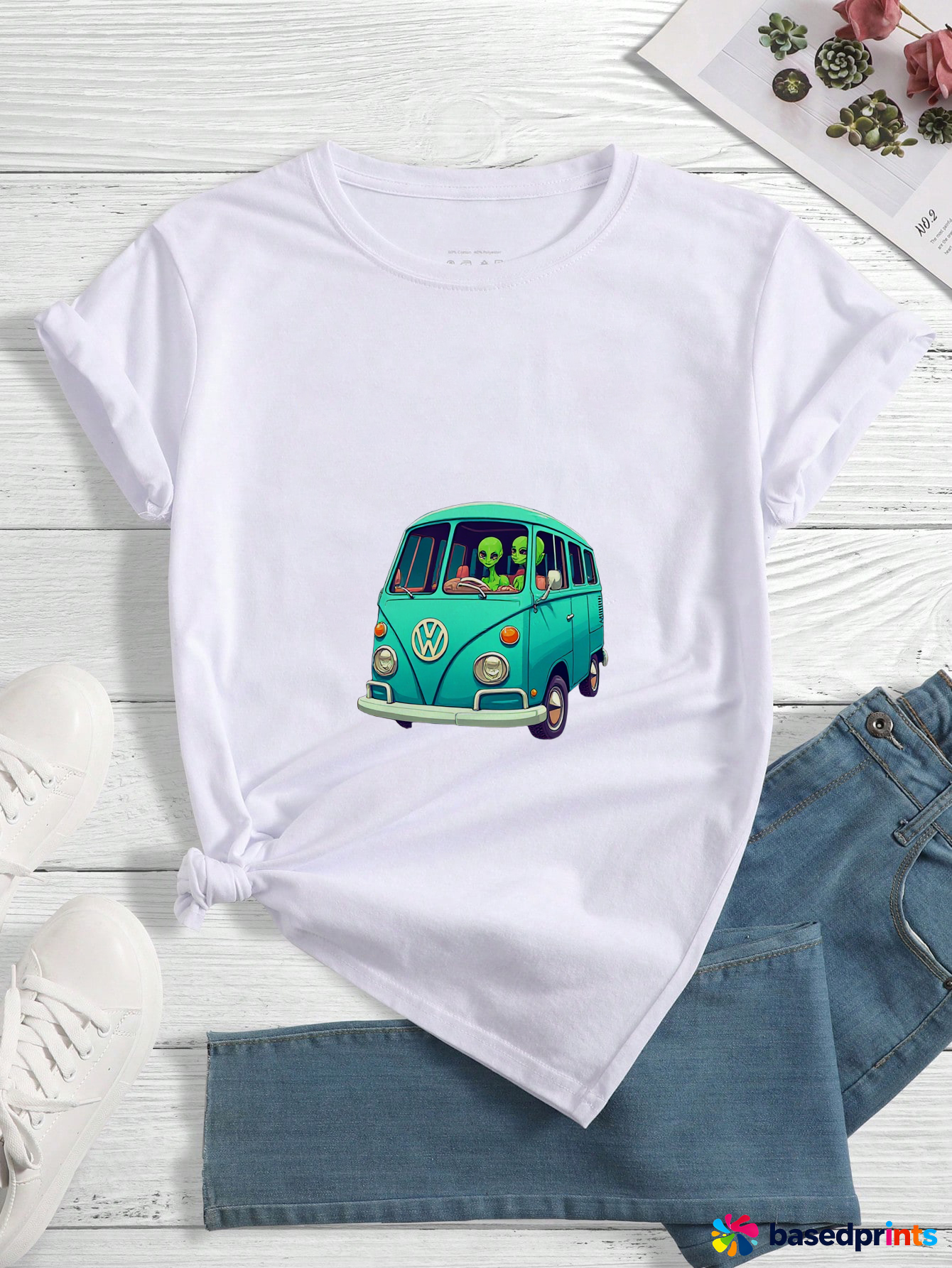 Alien Driving Van Printed T-Shirt Women Casual Short Sleeve Tee Tops