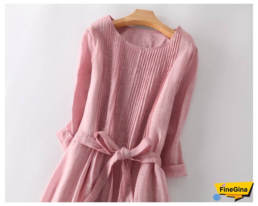 Loose Cotton Linen Tie Three Quarter Sleeve Dress