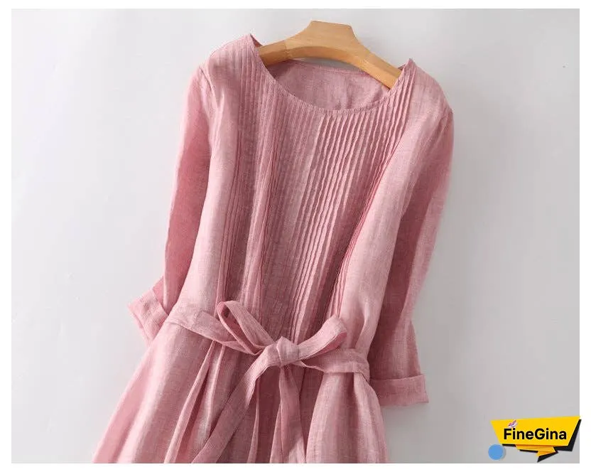 Loose Cotton Linen Tie Three Quarter Sleeve Dress