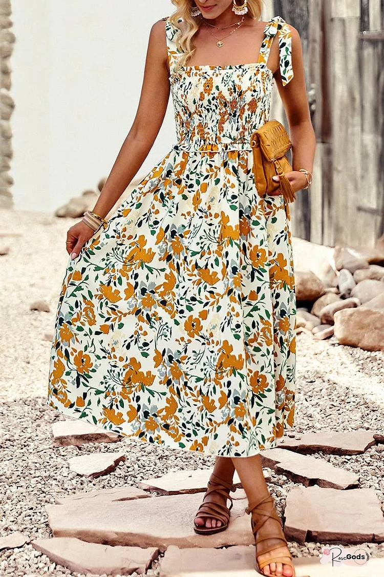 Floral Print Sleeveless Square Neck Fit Dress