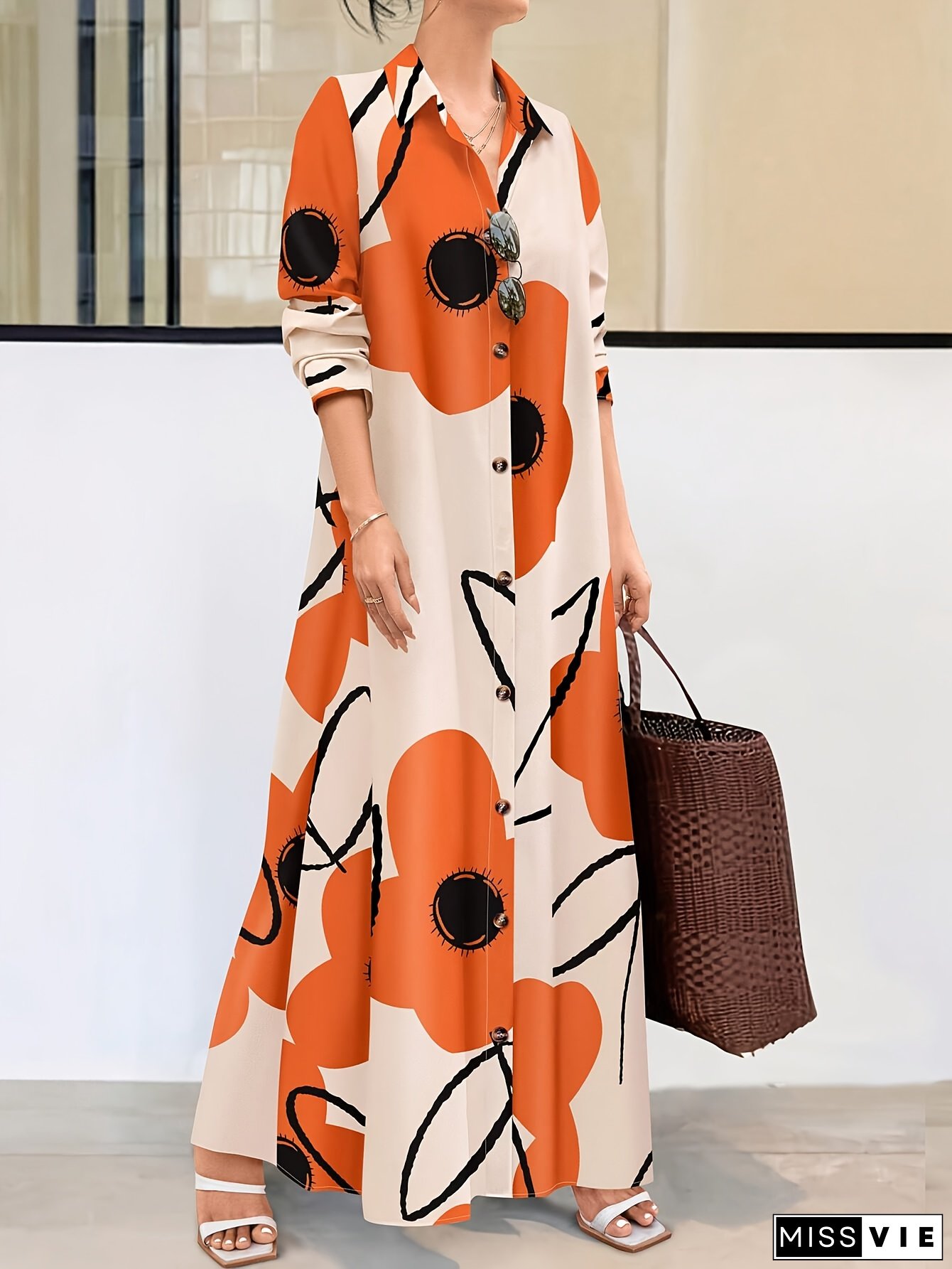 Scento Elegant Floral Print Maxi Dress For Women - V-Neck, Long Sleeve, A-Line Silhouette, Lightweight Flowy Spring/Summer Dress With Pockets, High Neckline, Long Maxi Dress