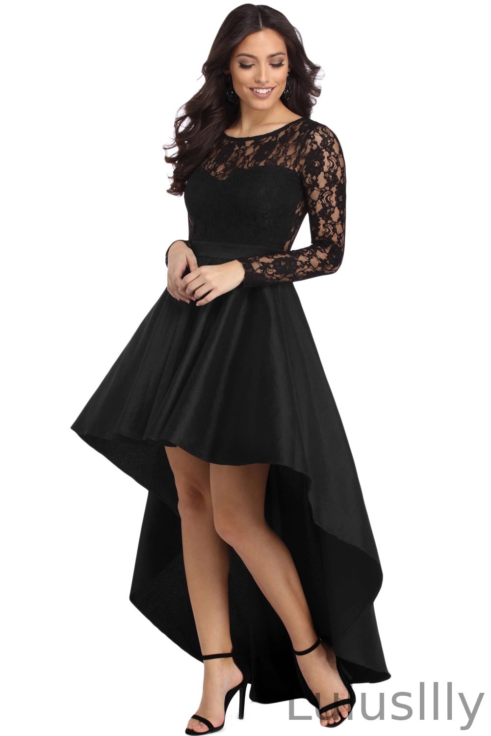 Chic Long Sleeve Lace Hi-Lo Evening Dress Online - lulusllly
