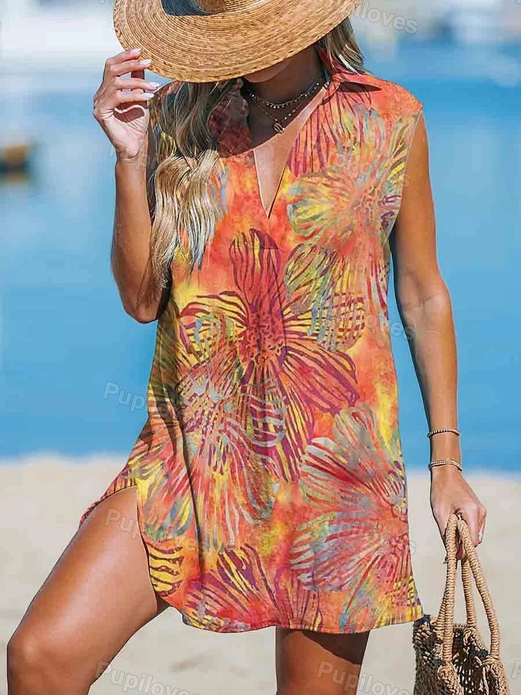 Pupiloves Pupiloves Women's V-neck Abstract Print Sleeveless Beach Resort Dress