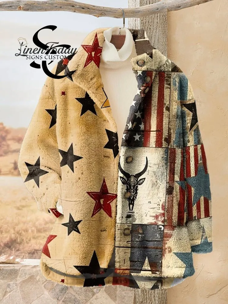 Women's Vintage Wild West Art Print Casual Sherpa Coat Cardigan