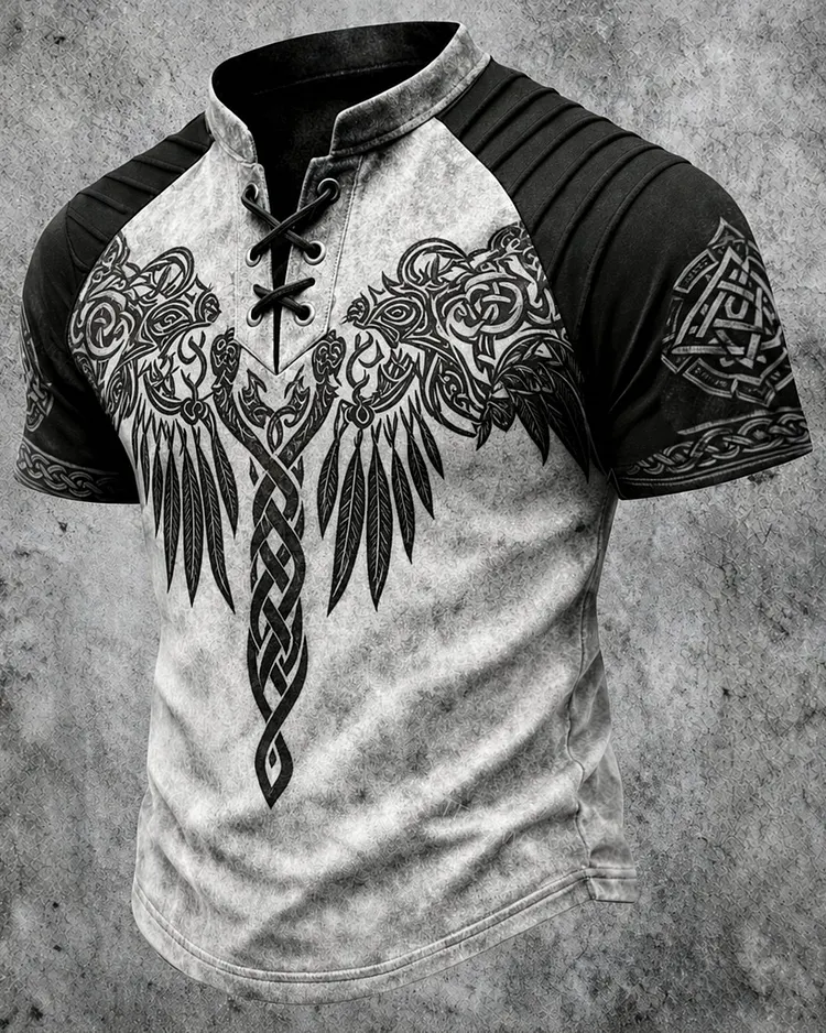 Men's Viking Knot Feather Print Short-Sleeve Henley T-Shirt 6937