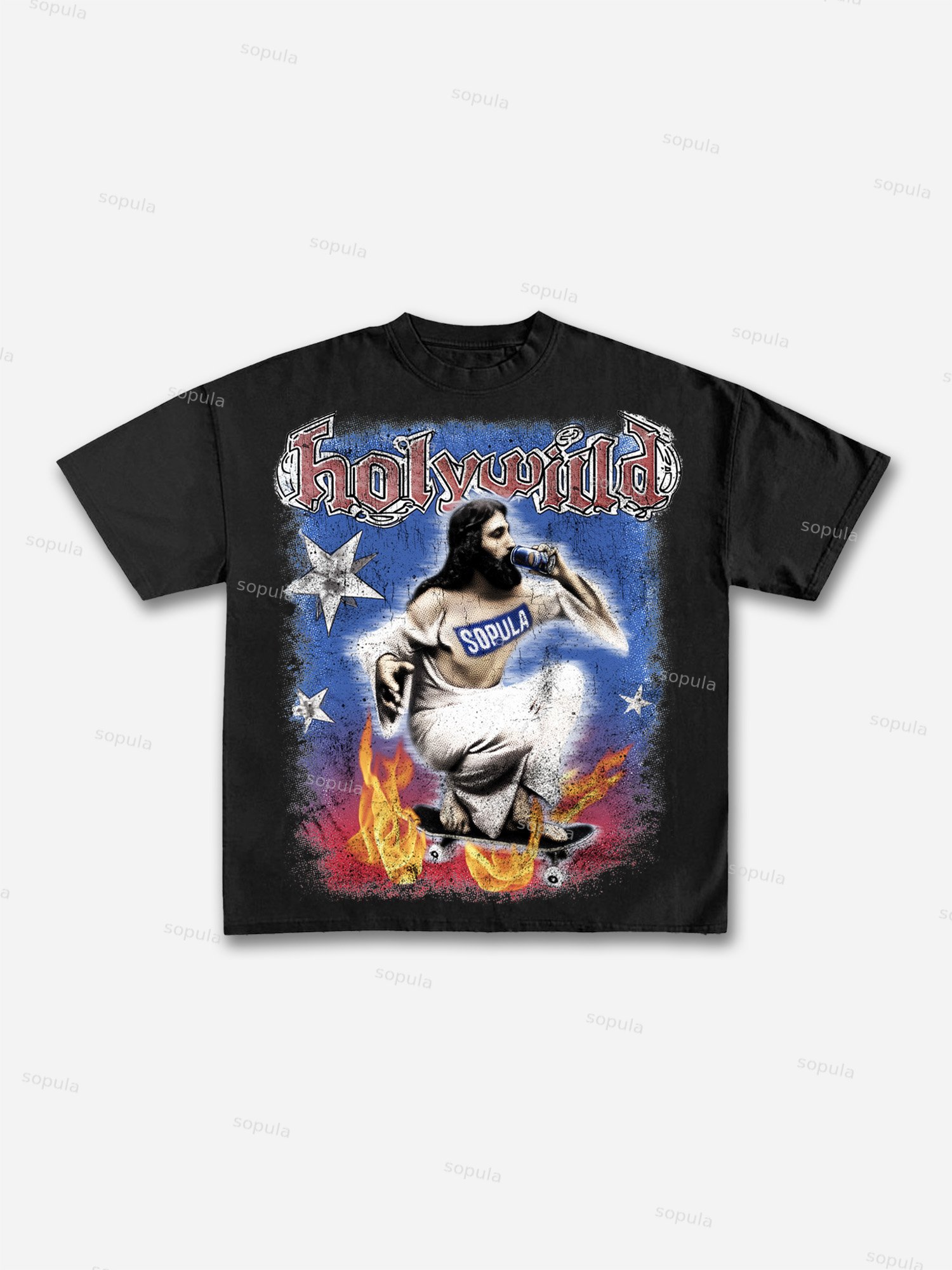 Retro Street Jesus Holy Wild Graphic Cotton T-shirt