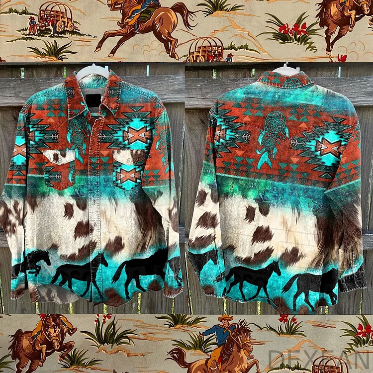 Vintage Aztec Turquoise And Cowhide Western Style Print Casual Shirt