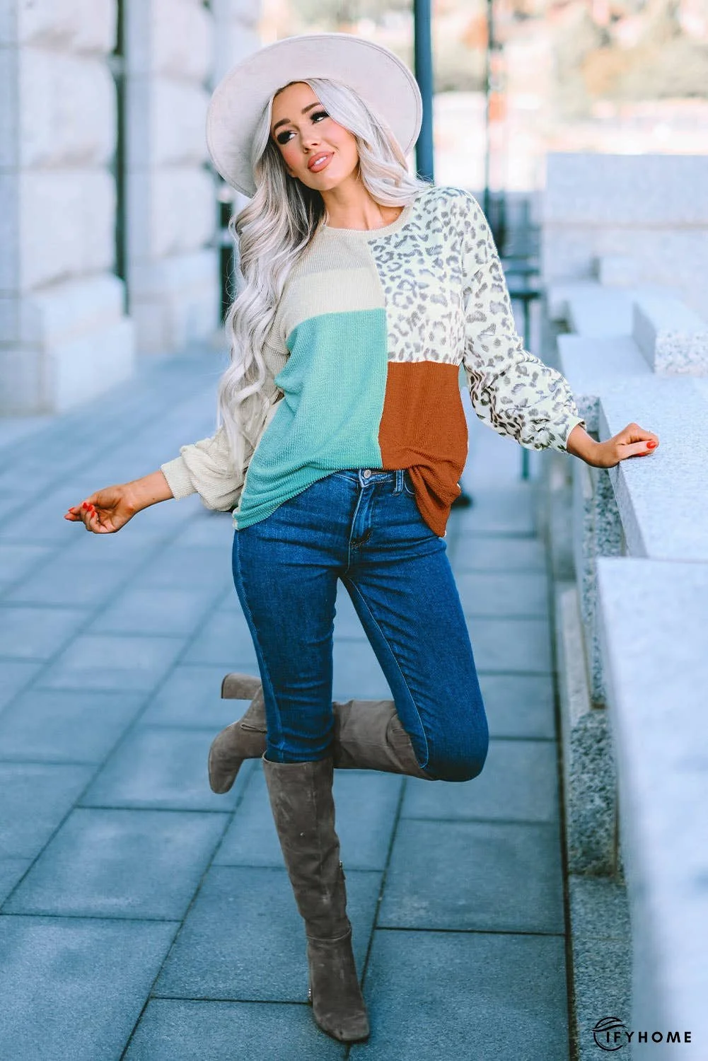 Patchwork Color Block Ribbed Long Sleeve Top | IFYHOME